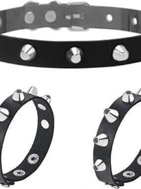 NEW 3 Pieces Leather Choker Collar & Bracelets Set Combo Punk Rock Gothic